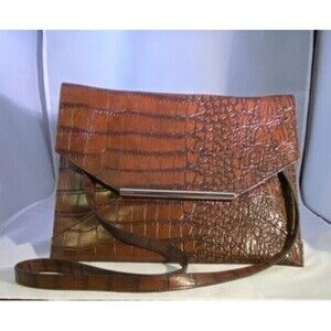 Brown Faux Alligator Skin Styled Clutch Bag Purse - Sleek With Zippers / Storage